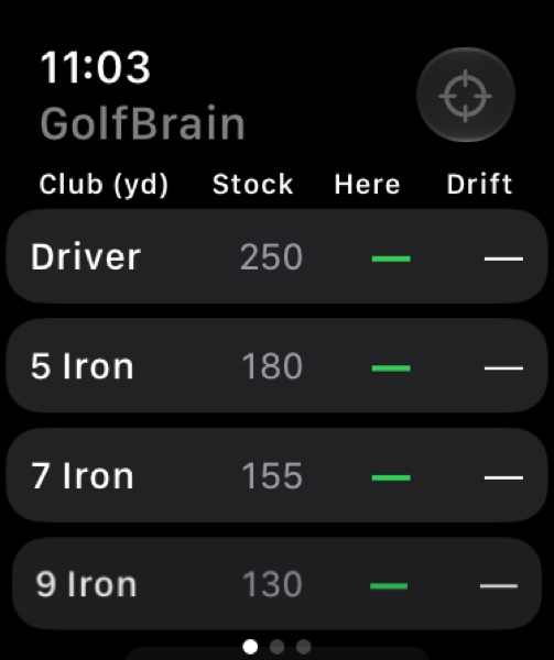 GolfBrain Apple Watch preview: each club, stock distance, adjusted distance, and drift fit on one line